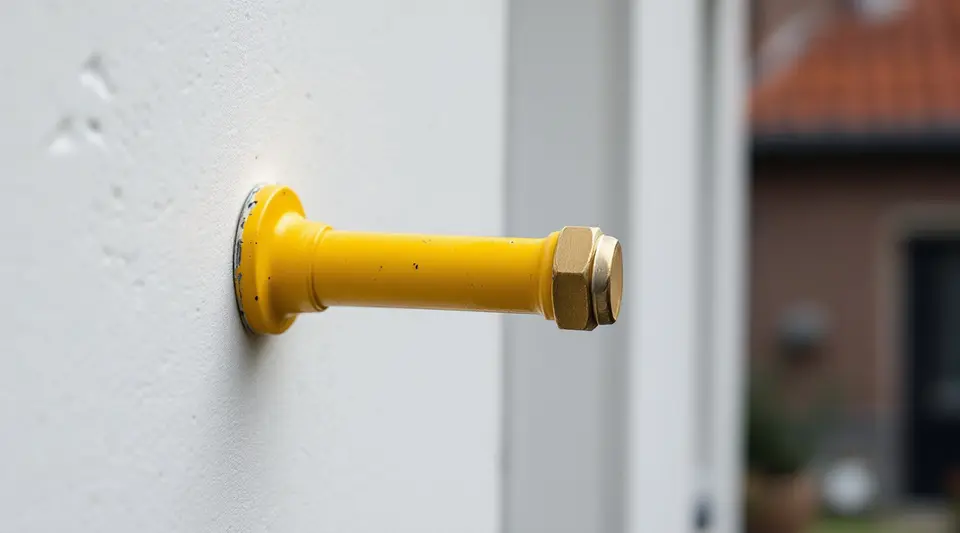 Een geel geverfde gasleiding die uit een witte muur steekt en is afgesloten met een messing dop
