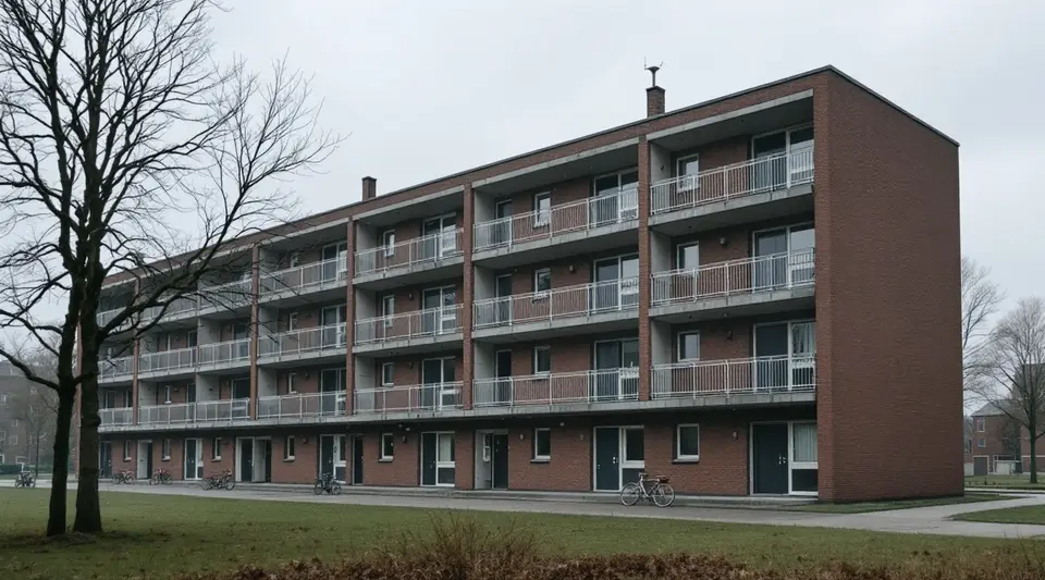 Een galerijflat van rode baksteen met vijf lagen, galerijen met hekken en een rij voordeuren, met fietsen bij de ingang