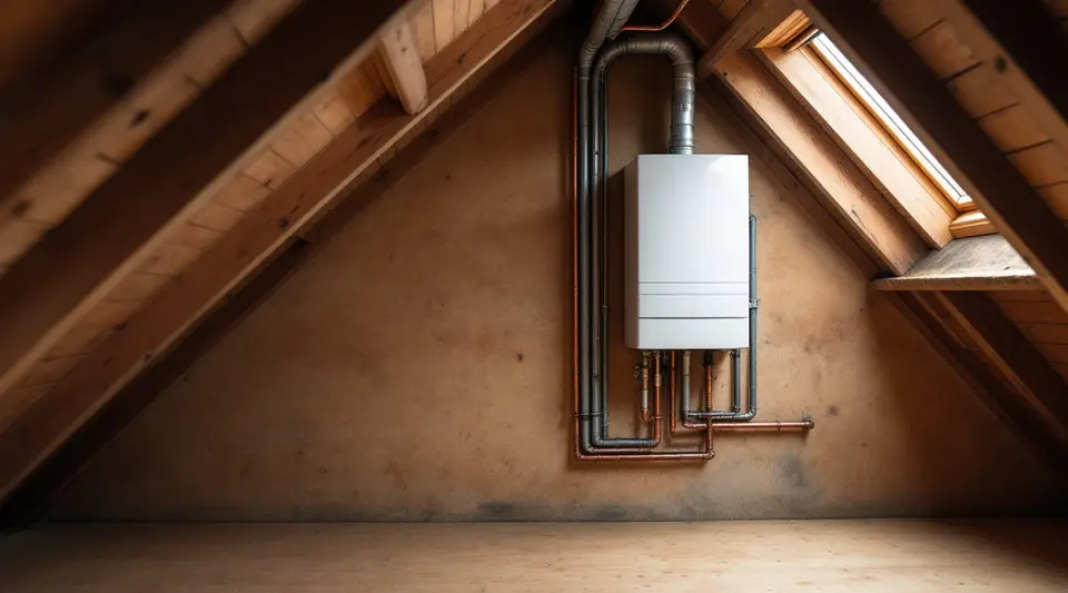 Een witte cv-ketel aan de muur op een zolder onder een schuin houten dak, met koperen leidingen eronder