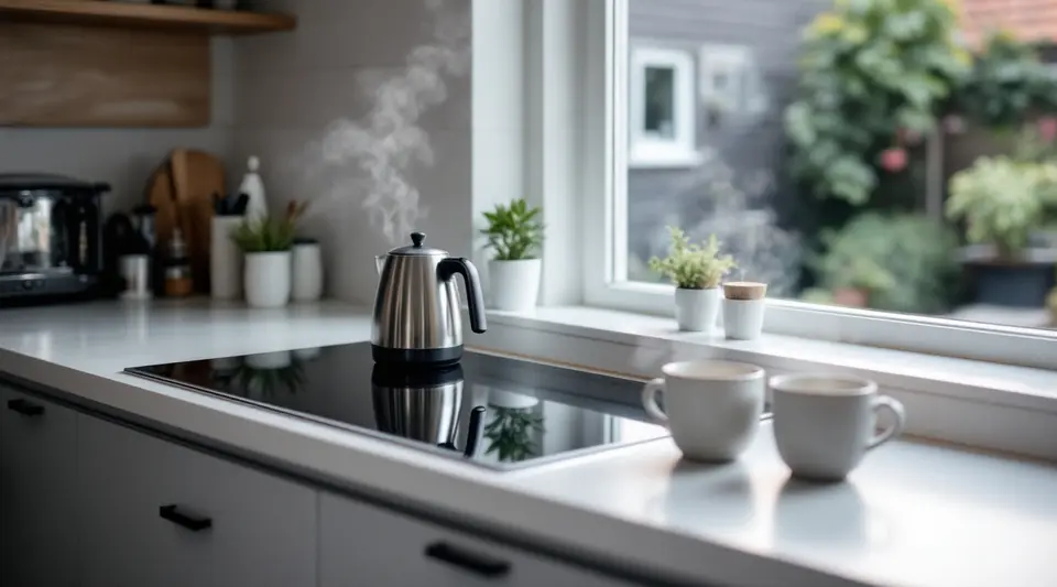 Een rustige keuken met een waterkoker en twee kopjes op een wit aanrecht naast een zwarte kookplaat