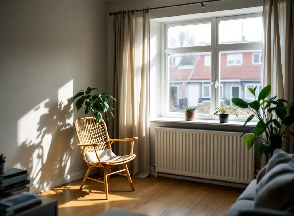 Een lichte woonkamer met een witte radiator onder een groot raam, een rieten stoel en planten