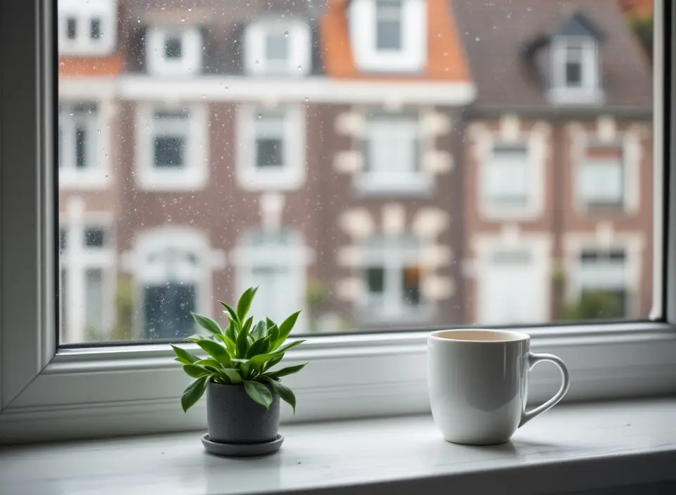 Een witte mok thee en een kleine plant op een vensterbank, met regendruppels op het raam en huizen aan de overkant