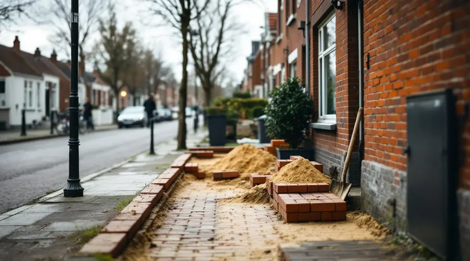 Een straat met rode bakstenen rijtjeshuizen; voor één huis liggen gestapelde klinkers, een hoop zand en een schop