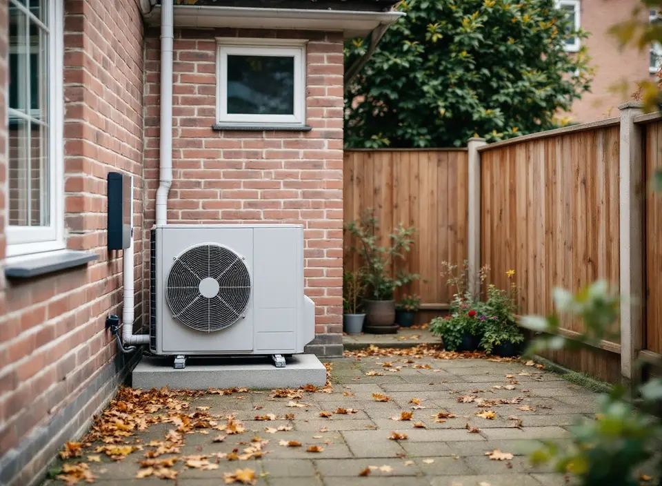 Een lichtgrijze buitenunit van een warmtepomp op een betonnen voet tegen de achtergevel van een rijtjeshuis