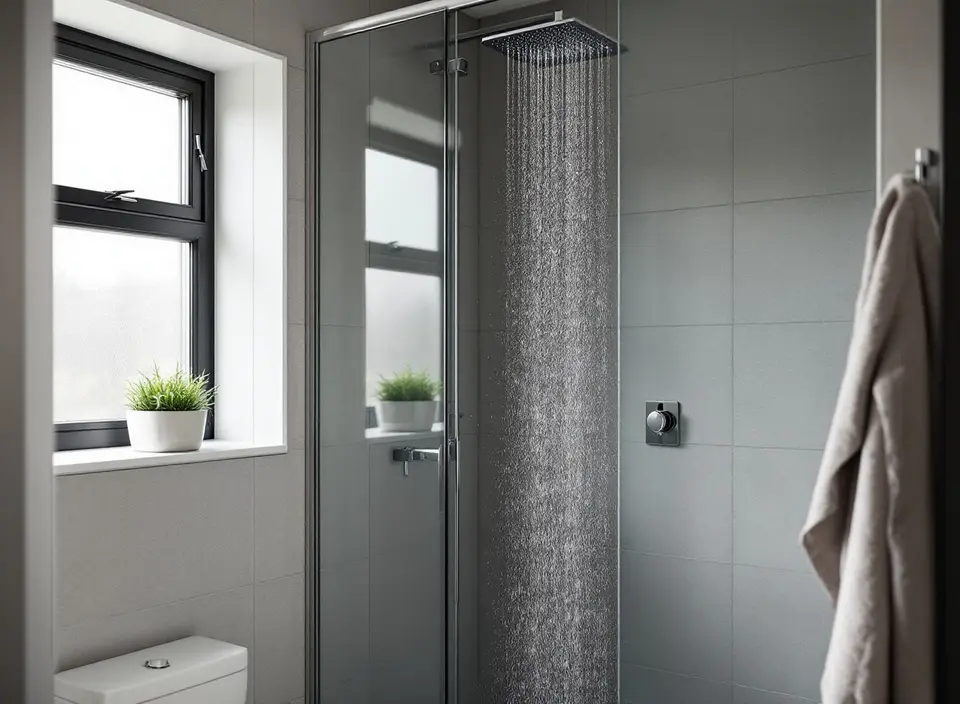 Een kleine badkamer met een inloopdouche achter glas waar warm water uit een regendouche valt